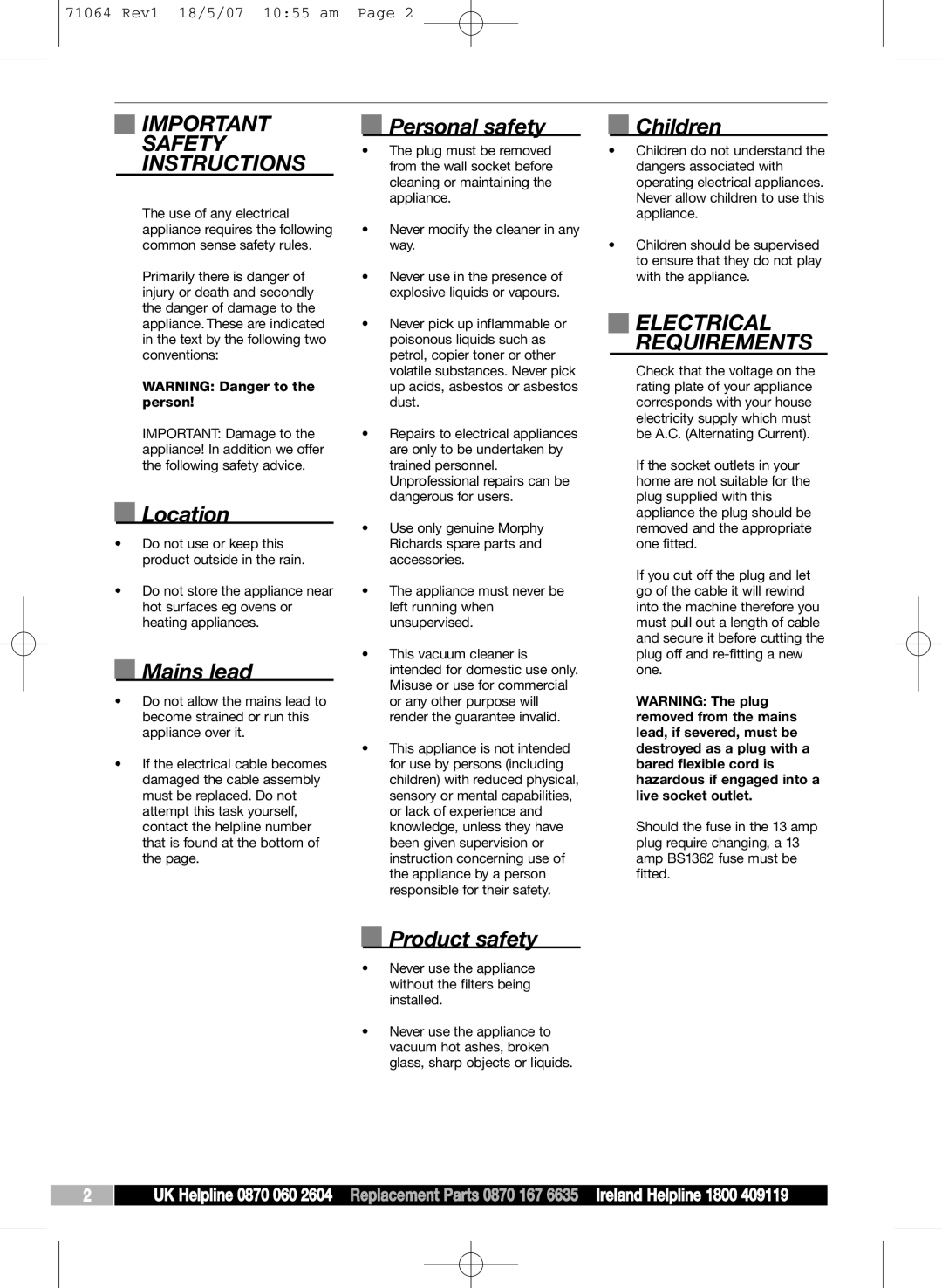 Morphy Richards VC71064 MUK manual Safety, Instructions, Electrical Requirements 