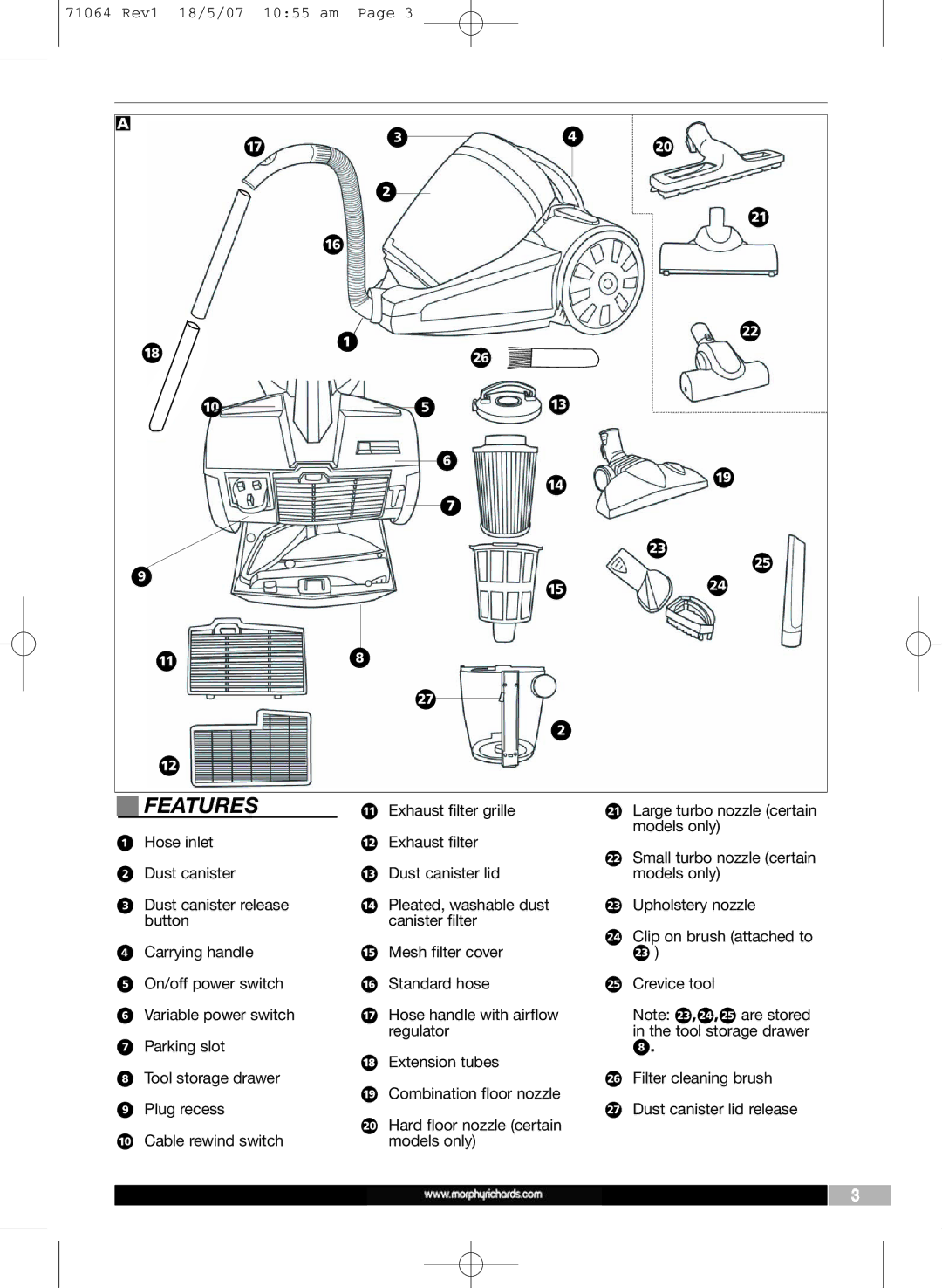 Morphy Richards VC71064 MUK manual Features 