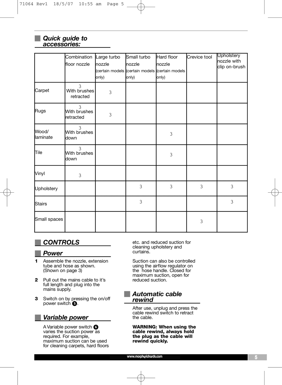 Morphy Richards VC71064 MUK manual Quick guide to accessories, Controls, Power, Variable power, Automatic cable rewind 