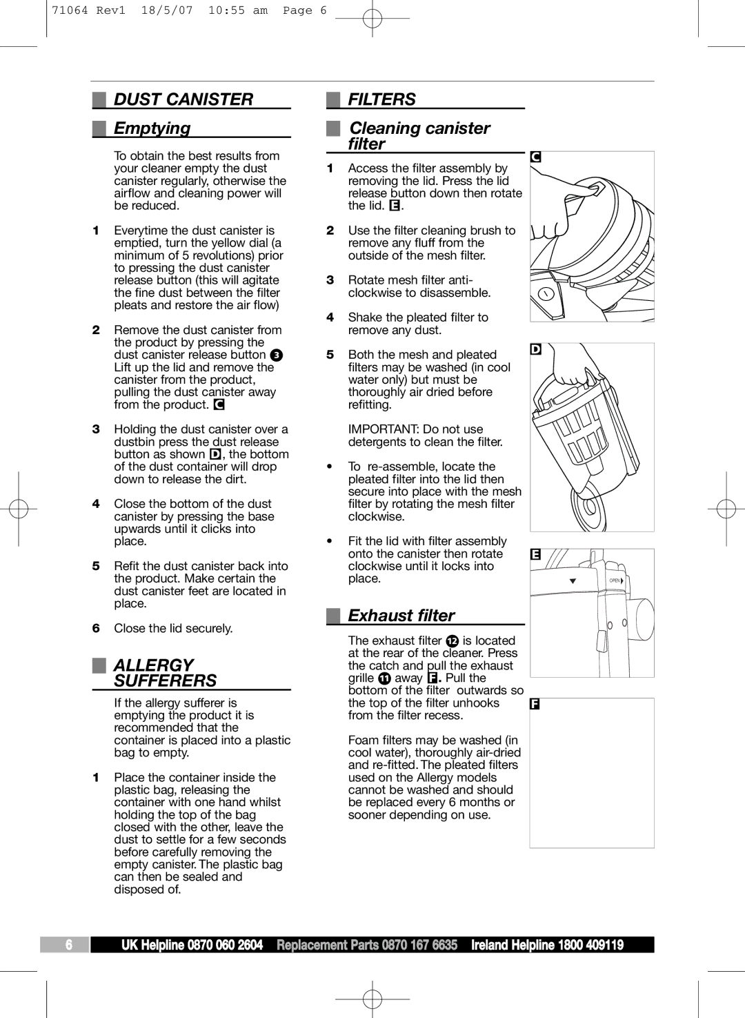 Morphy Richards VC71064 MUK manual Dust Canister, Filters, Allergy Sufferers 