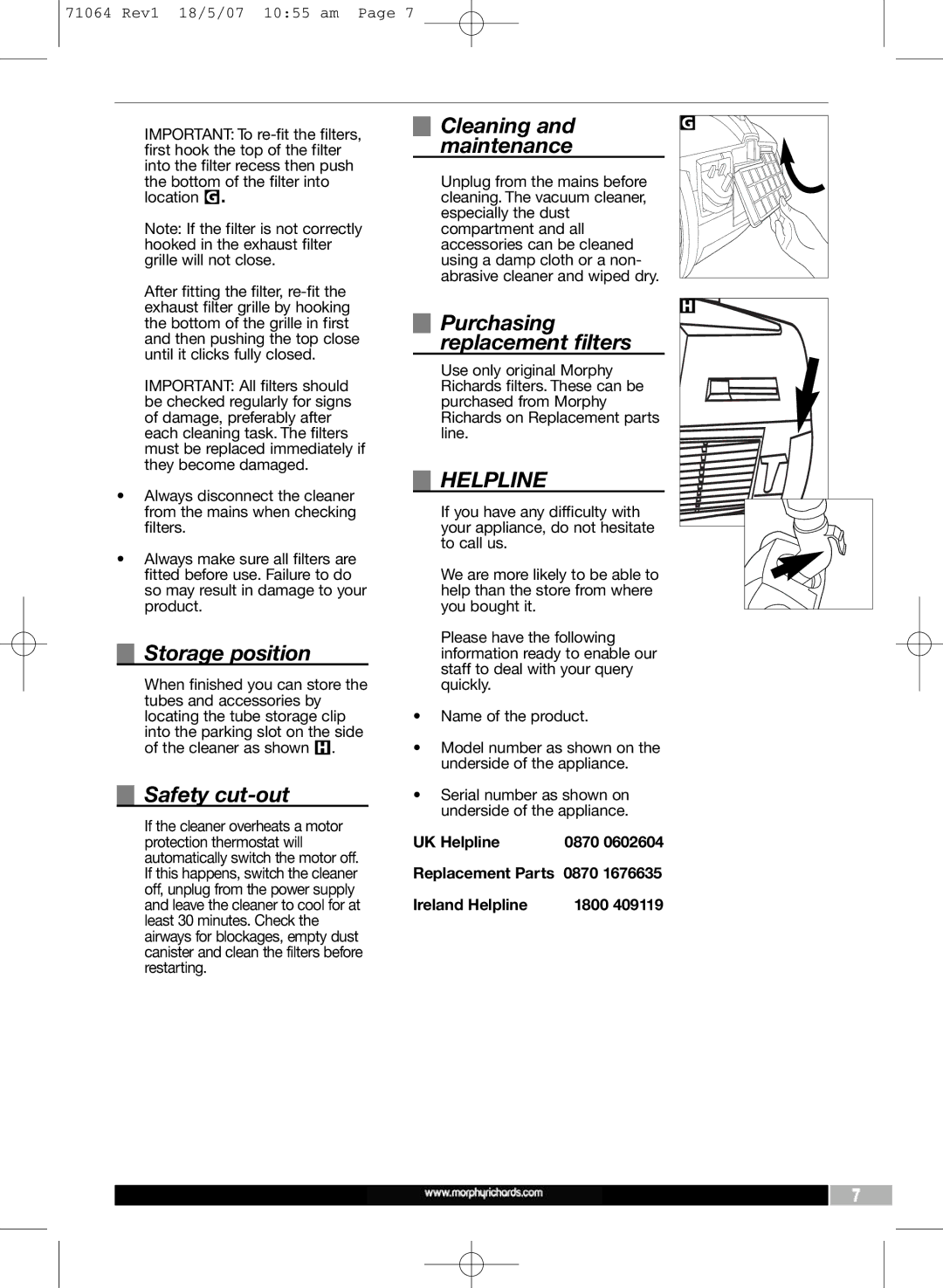 Morphy Richards VC71064 MUK manual Cleaning Maintenance, Purchasing replacement filters, Helpline, Filters, Product 