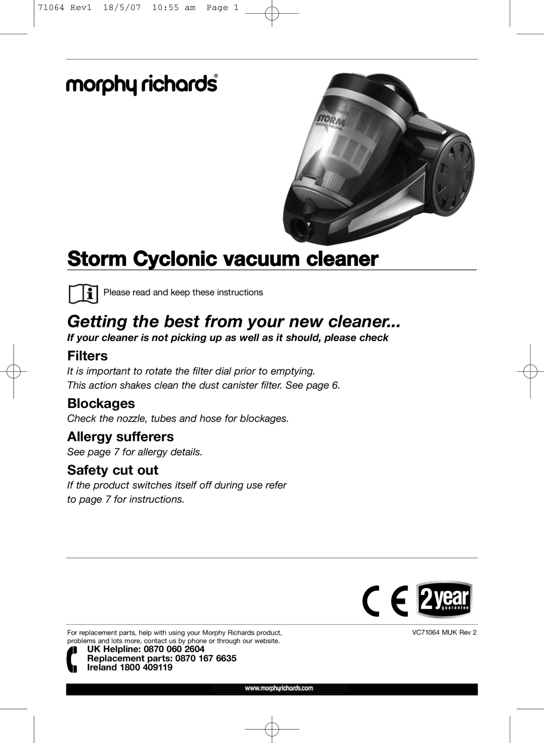 Morphy Richards VC71064 MUK manual Storm Cyclonic vacuum cleaner, Getting the best from your new cleaner, Filters 
