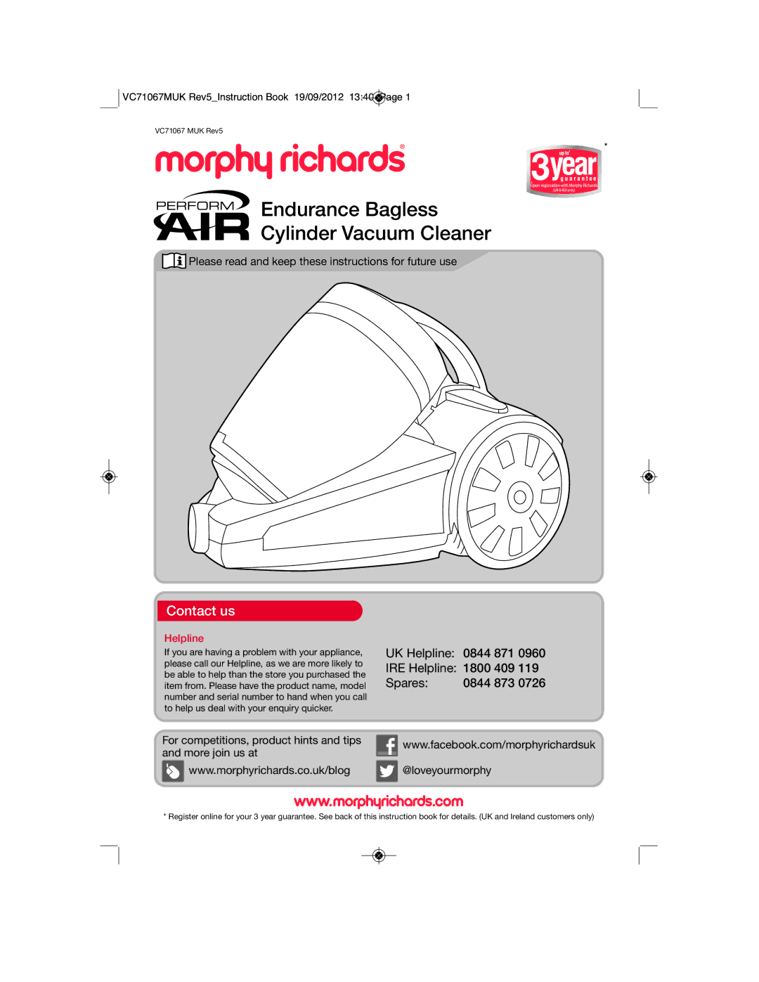 Morphy Richards VC71067 manual Endurance Bagless Cylinder Vacuum Cleaner, Contact us, Helpline 