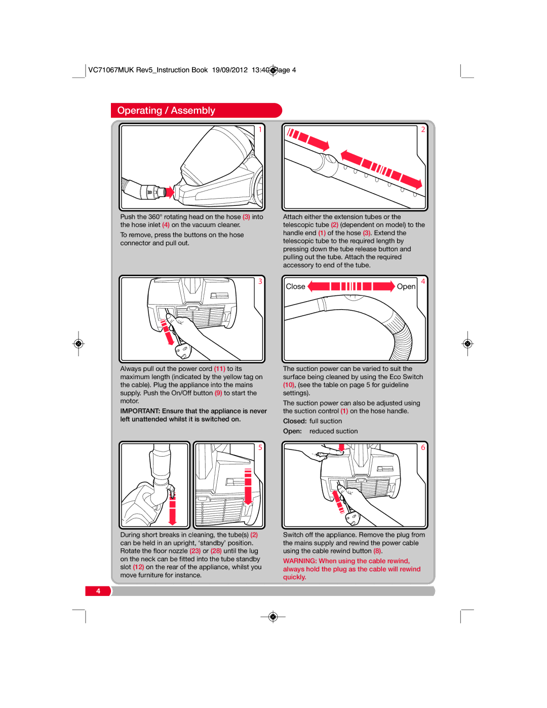 Morphy Richards VC71067 manual Operating / Assembly, Close Open 