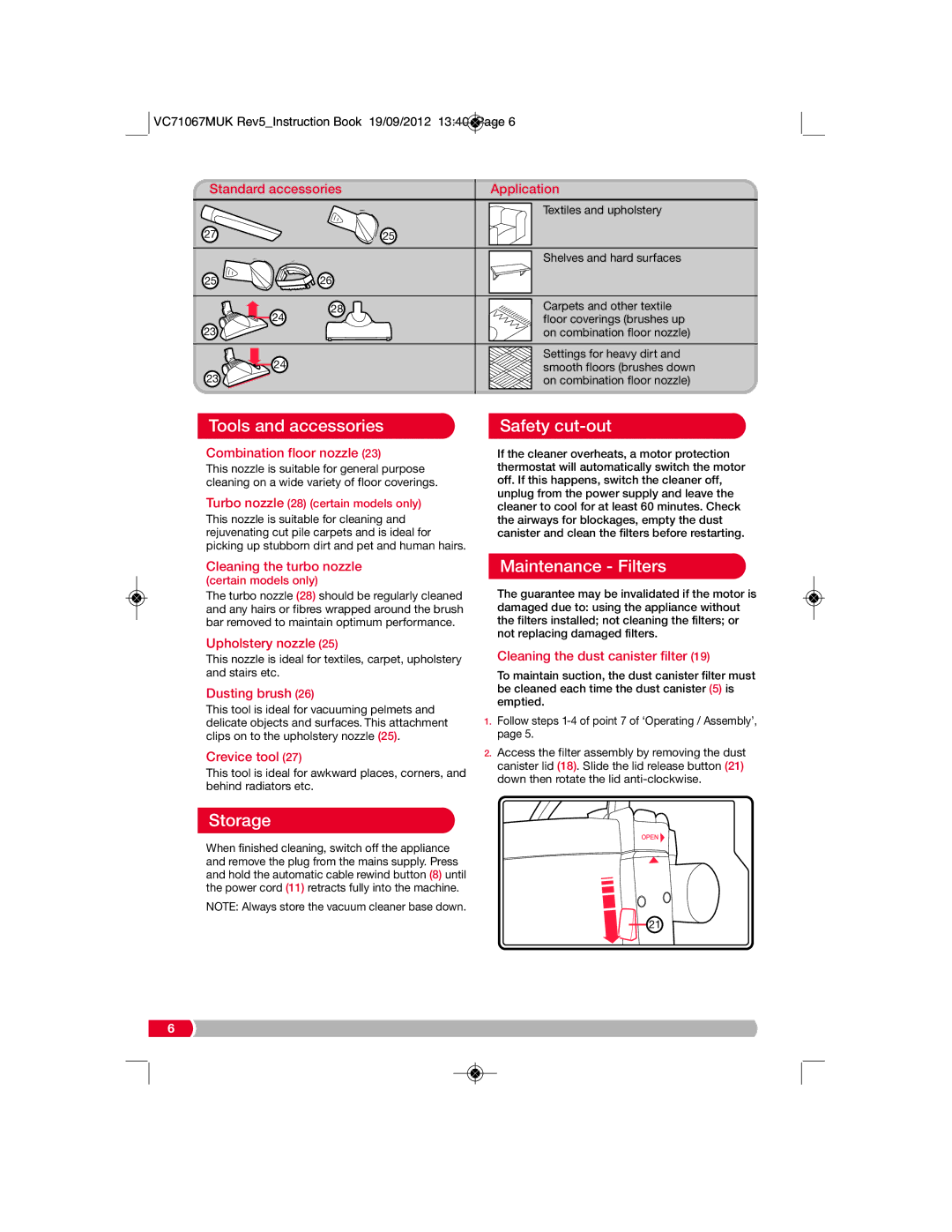 Morphy Richards VC71067 manual Tools and accessories, Safety cut-out, Maintenance Filters, Storage 