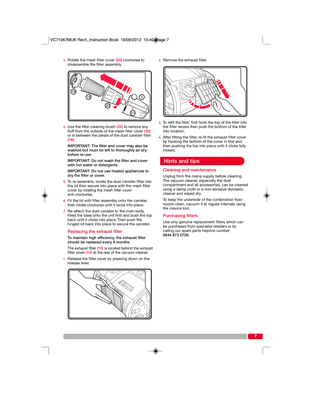 Morphy Richards VC71067 manual Hints and tips, Replacing the exhaust filter, Cleaning and maintenance, Purchasing filters 