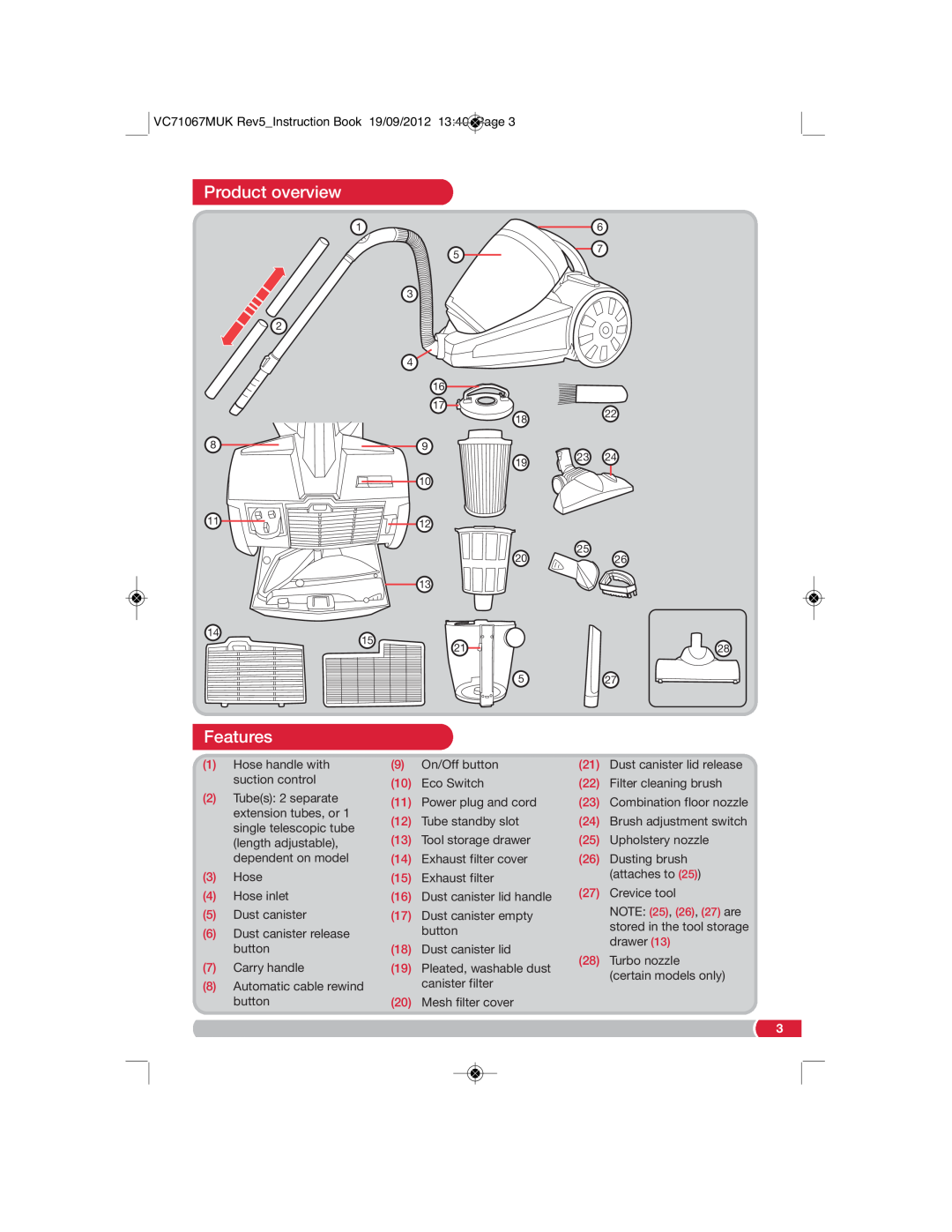 Morphy Richards VC71067 manual Product overview, Features 