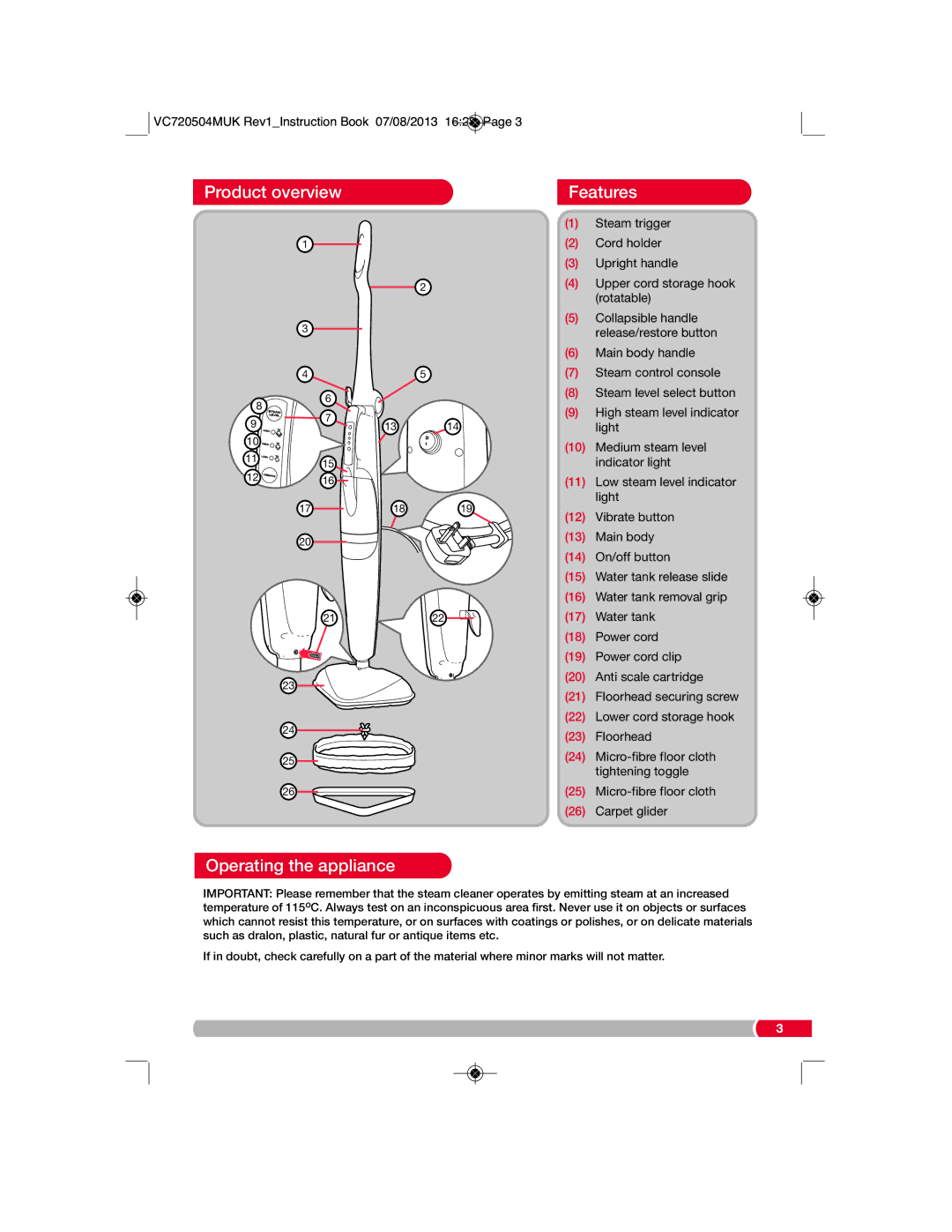 Morphy Richards VC720504MUK Rev1 manual Product overview Features, Operating the appliance 