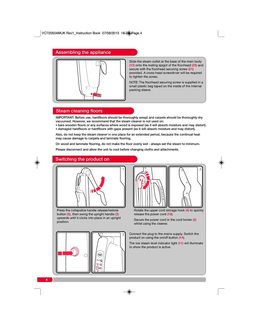 Morphy Richards VC720504MUK Rev1 manual Assembling the appliance, Steam cleaning floors, Switching the product on 