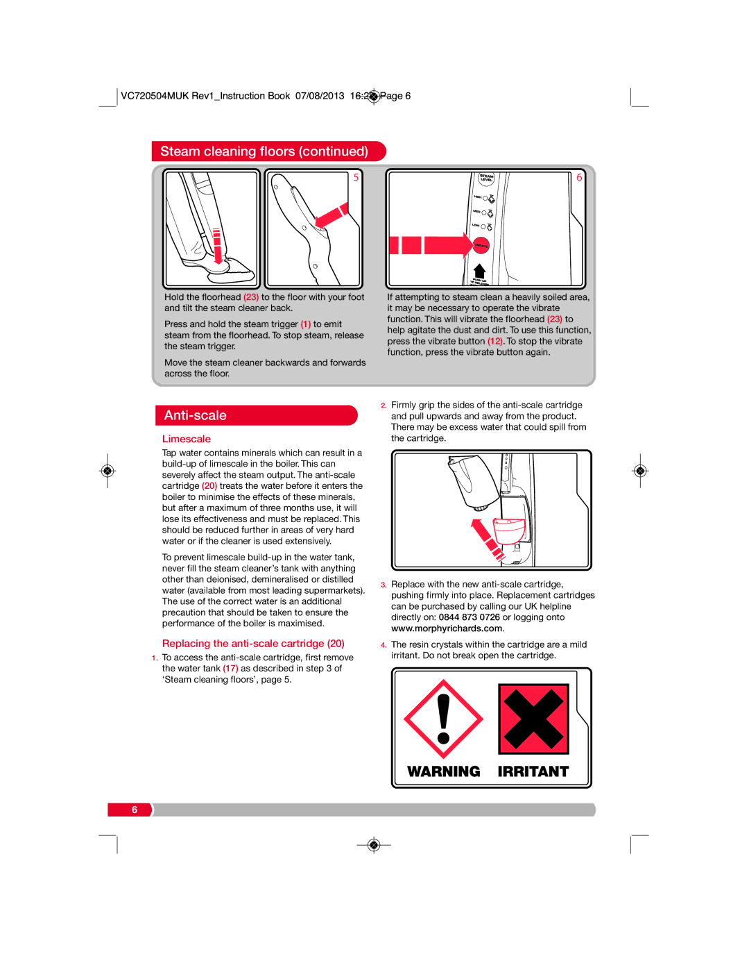 Morphy Richards VC720504MUK Rev1 manual Anti-scale, Limescale, Replacing the anti-scale cartridge 