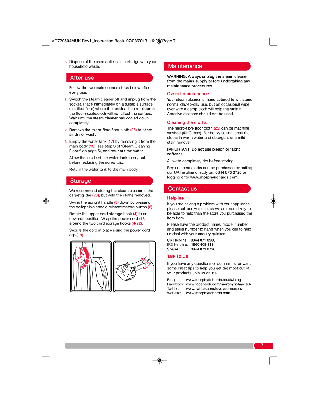 Morphy Richards VC720504MUK Rev1 manual After use, Storage, Maintenance, Contact us 
