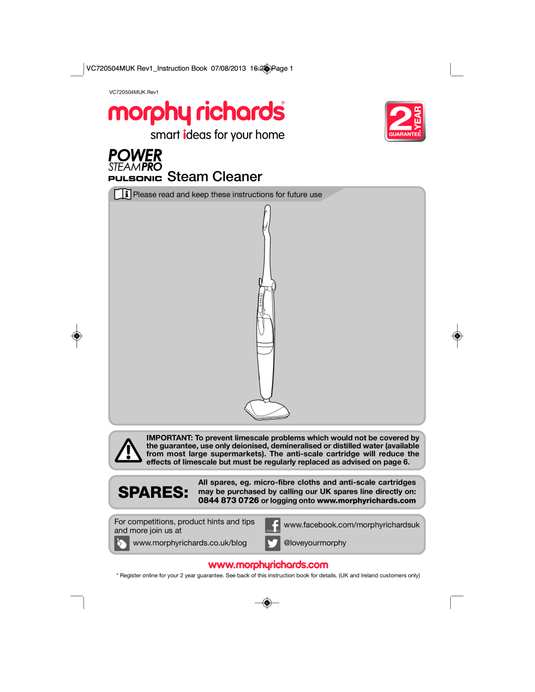 Morphy Richards manual Steam Cleaner, VC720504MUK Rev1Instruction Book 07/08/2013 1628 Page, and more join us at 