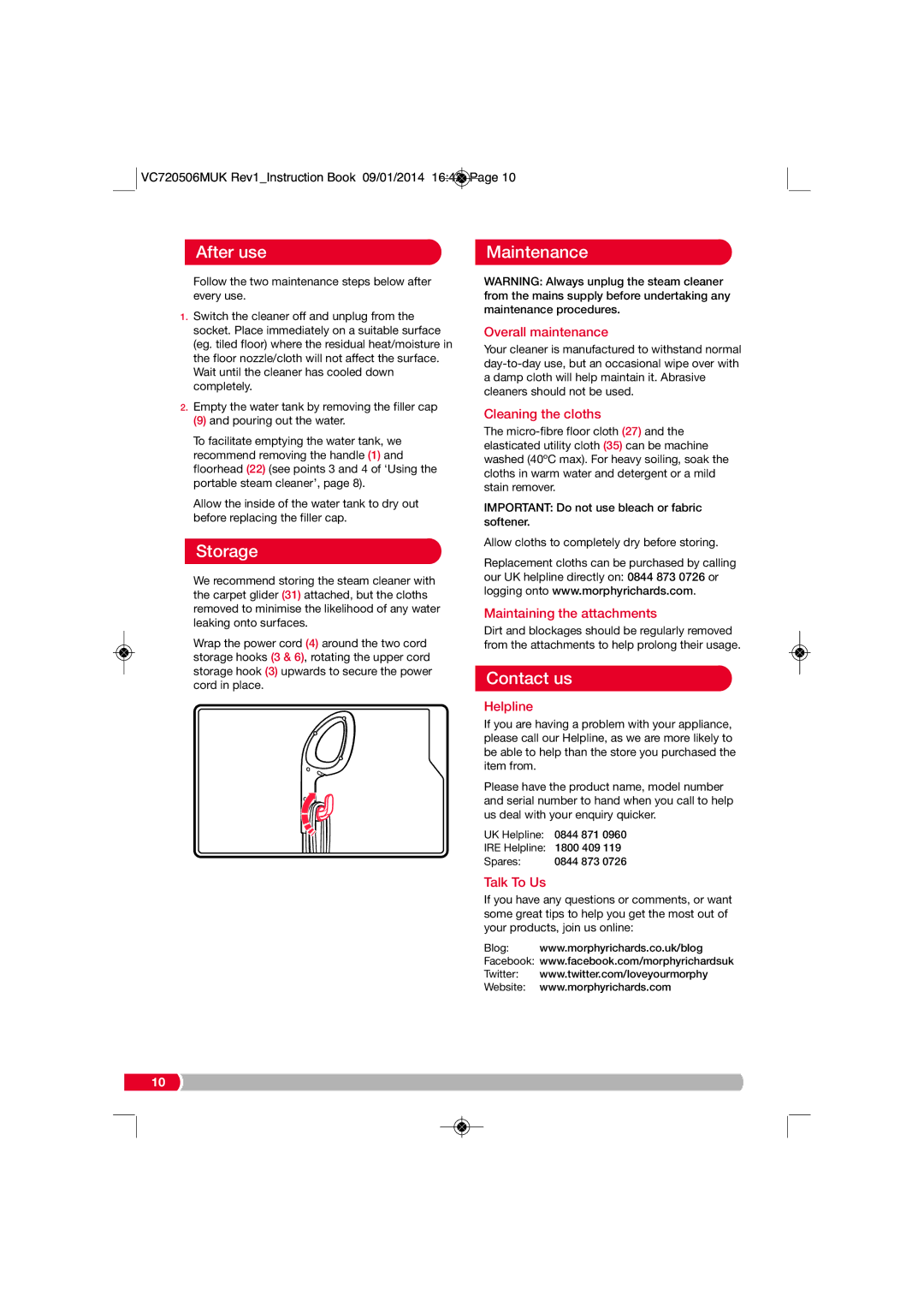 Morphy Richards VC720506MUK manual After use Maintenance, Storage, Contact us 
