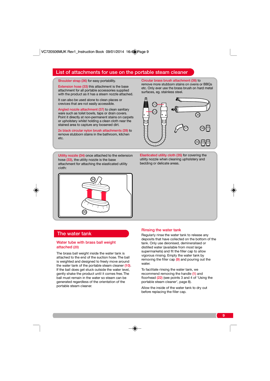 Morphy Richards VC720506MUK List of attachments for use on the portable steam cleaner, Water tank, Rinsing the water tank 