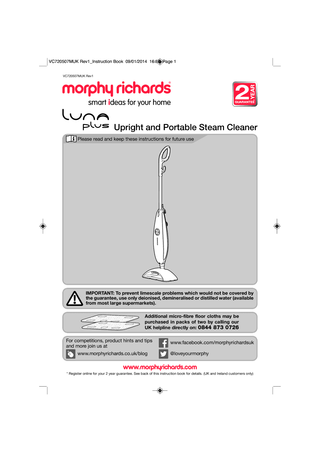 Morphy Richards VC720507MUK manual Upright and Portable Steam Cleaner 