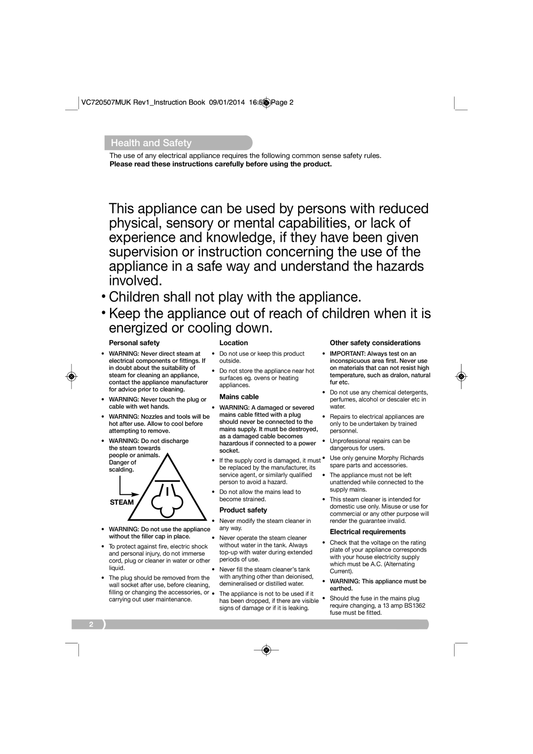 Morphy Richards VC720507MUK manual Health and Safety, Personal safety Location 