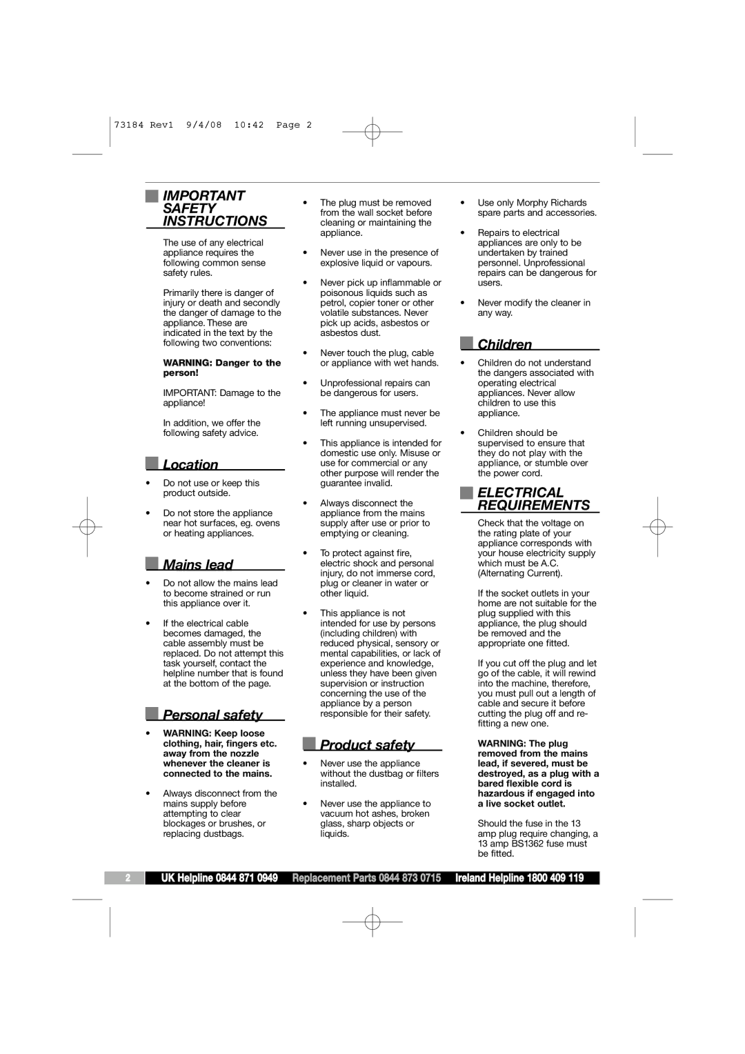 Morphy Richards VC73184 manual Important Safety Instructions, Electrical Requirements 