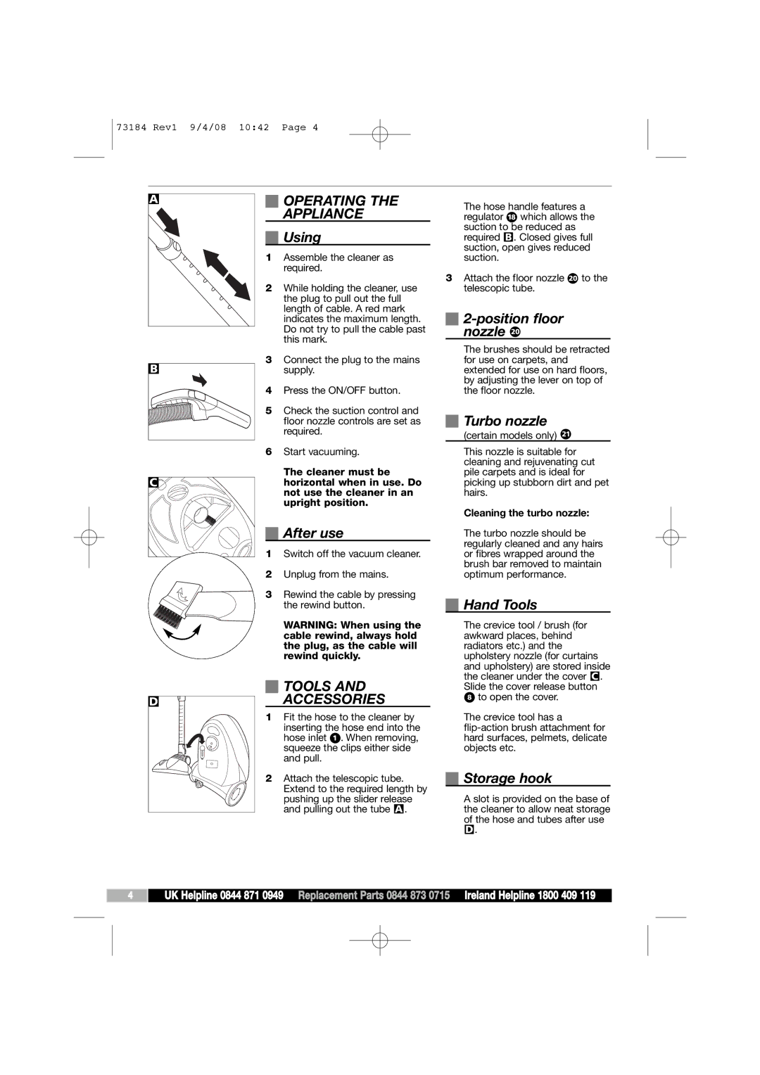 Morphy Richards VC73184 manual Operating Appliance, Tools 