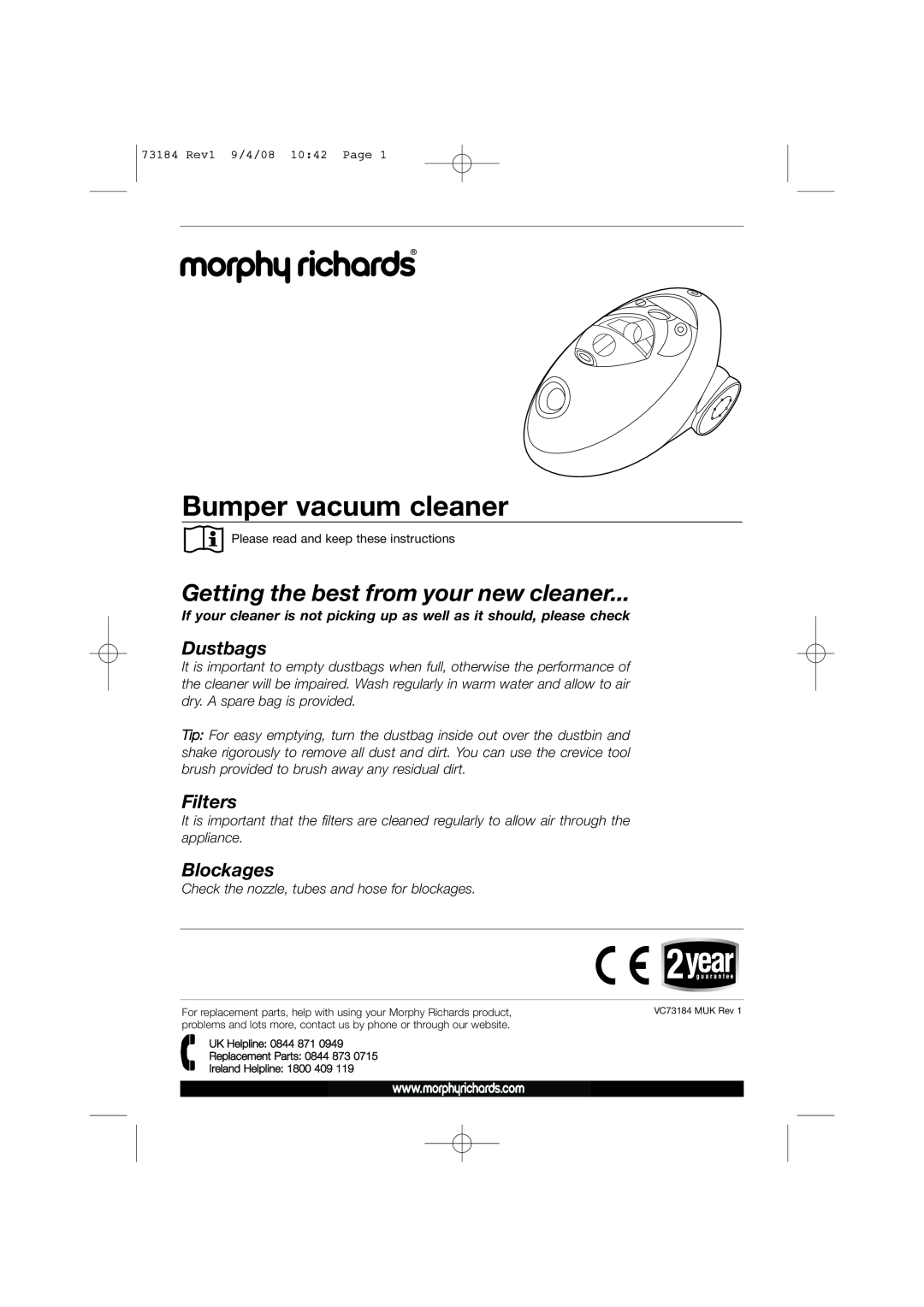 Morphy Richards VC73184 manual Bumper vacuum cleaner, Getting the best from your new cleaner, Dustbags, Filters, Blockages 