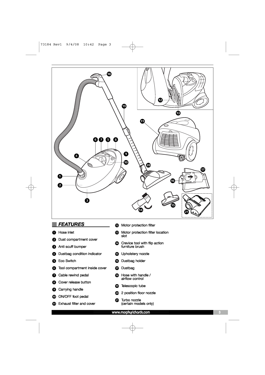 Morphy Richards VC73184 manual Features, ﬂ‡ ﬁ · 