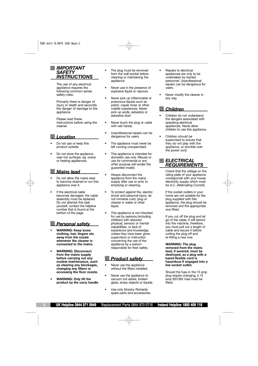 Morphy Richards VC73215 manual Important Safety Instructions, Electrical Requirements 