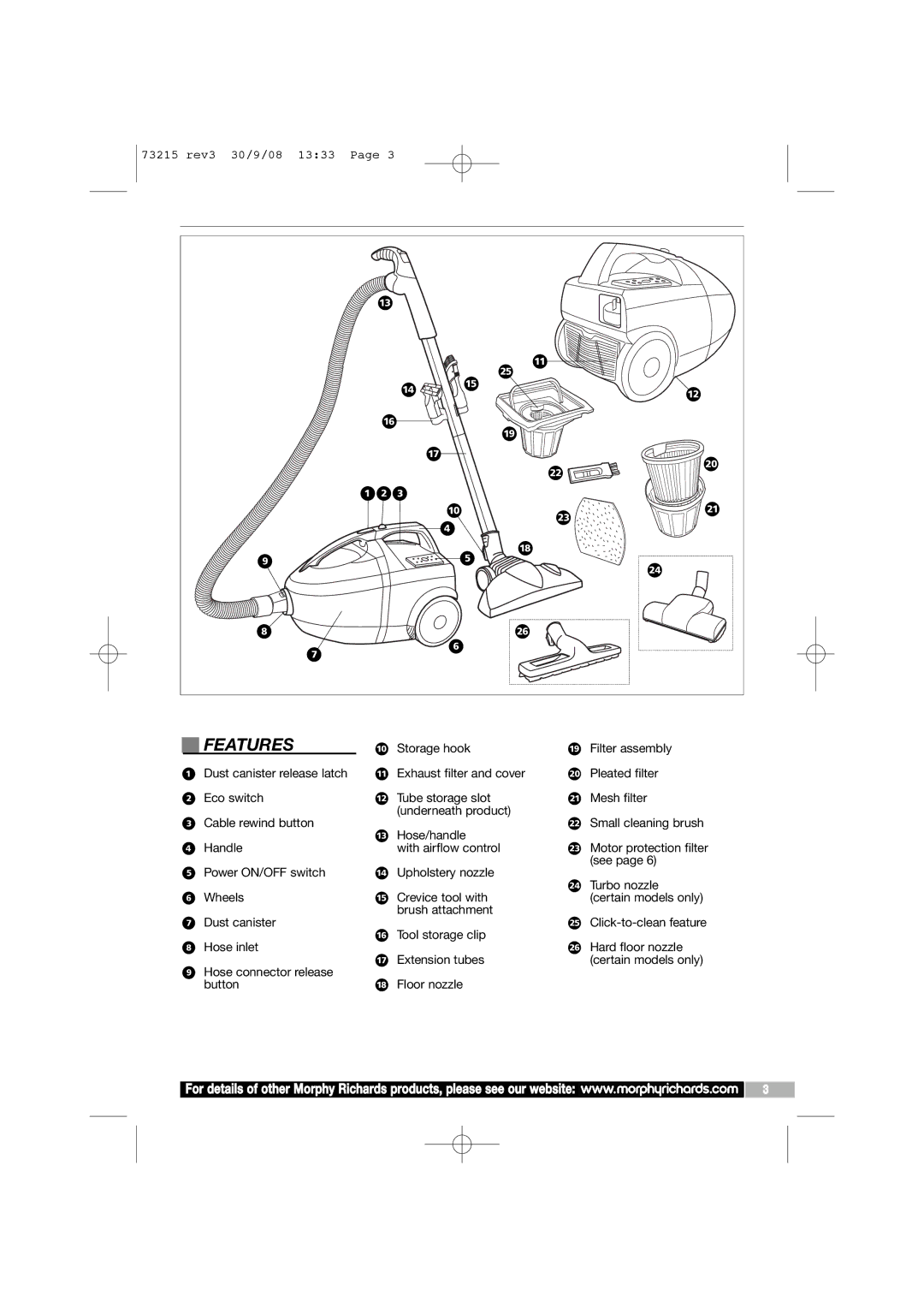 Morphy Richards VC73215 manual Features 