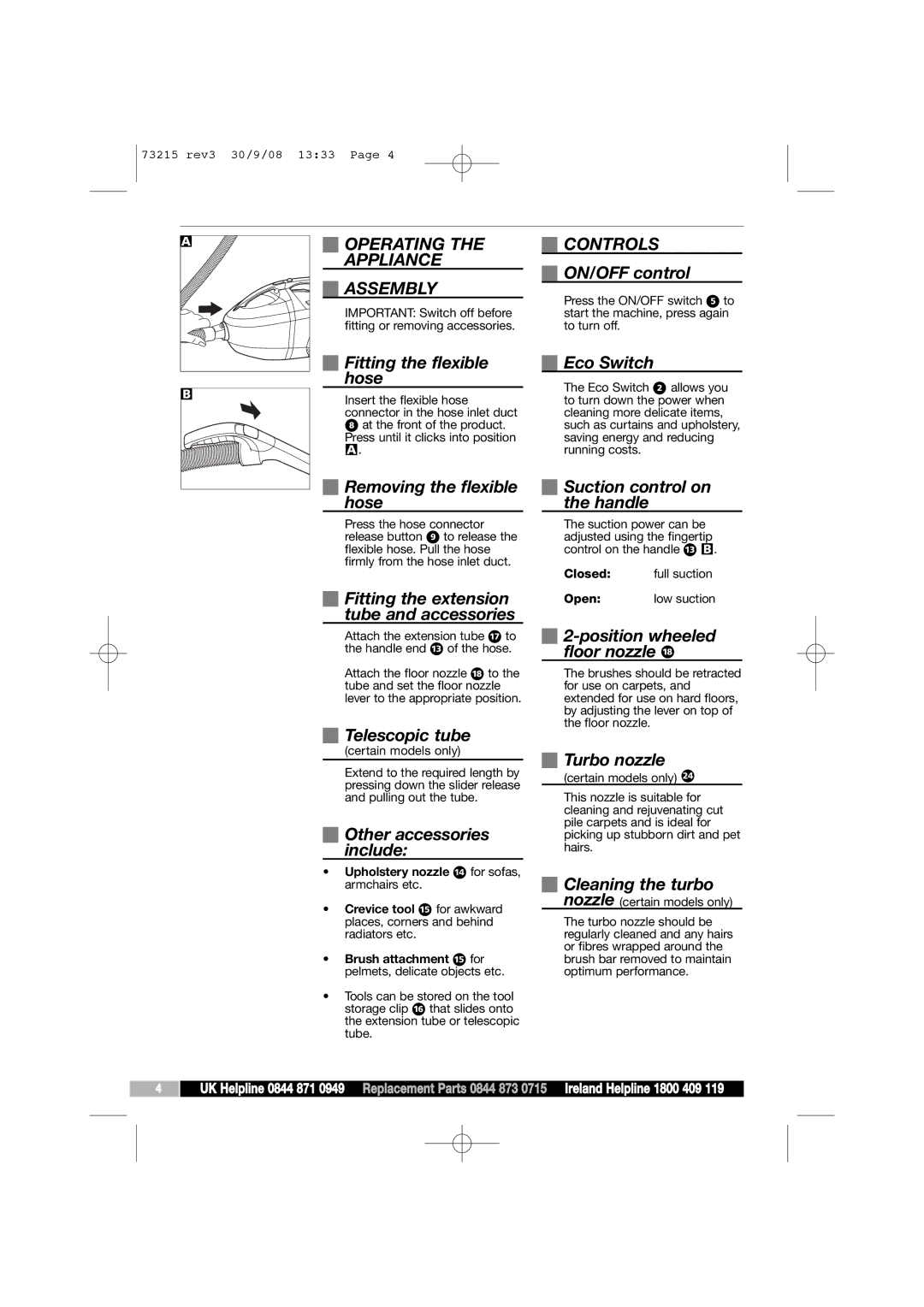 Morphy Richards VC73215 manual Operating Appliance Assembly, Controls 