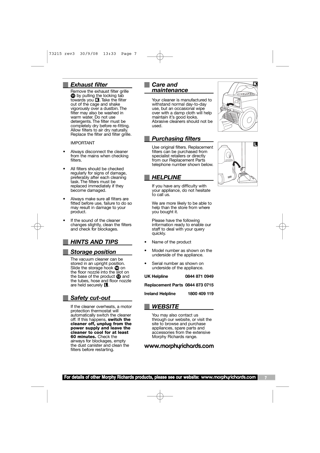 Morphy Richards VC73215 manual Hints and Tips, Helpline, Website 