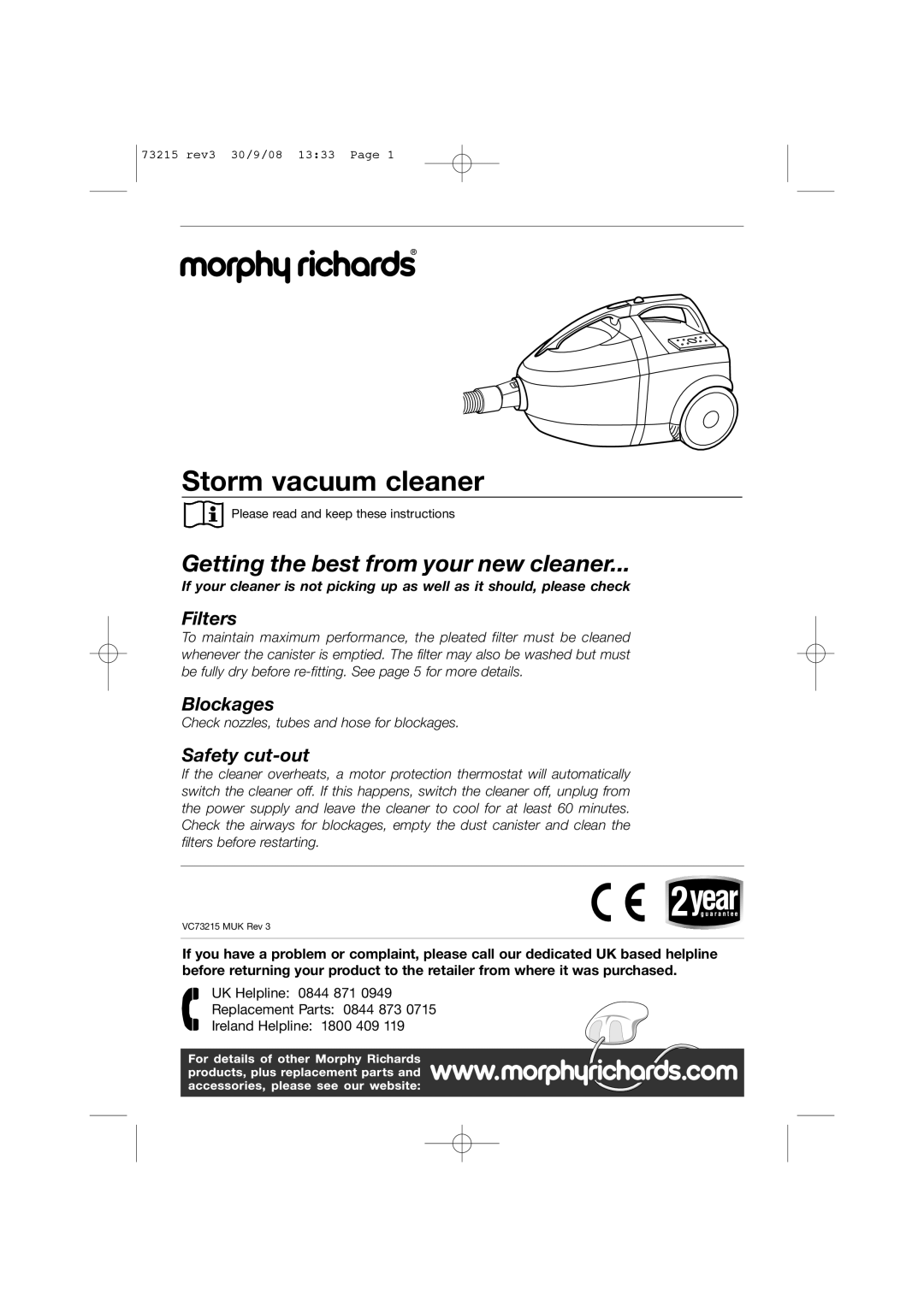 Morphy Richards VC73215 manual Storm vacuum cleaner, Getting the best from your new cleaner, Filters, Blockages 