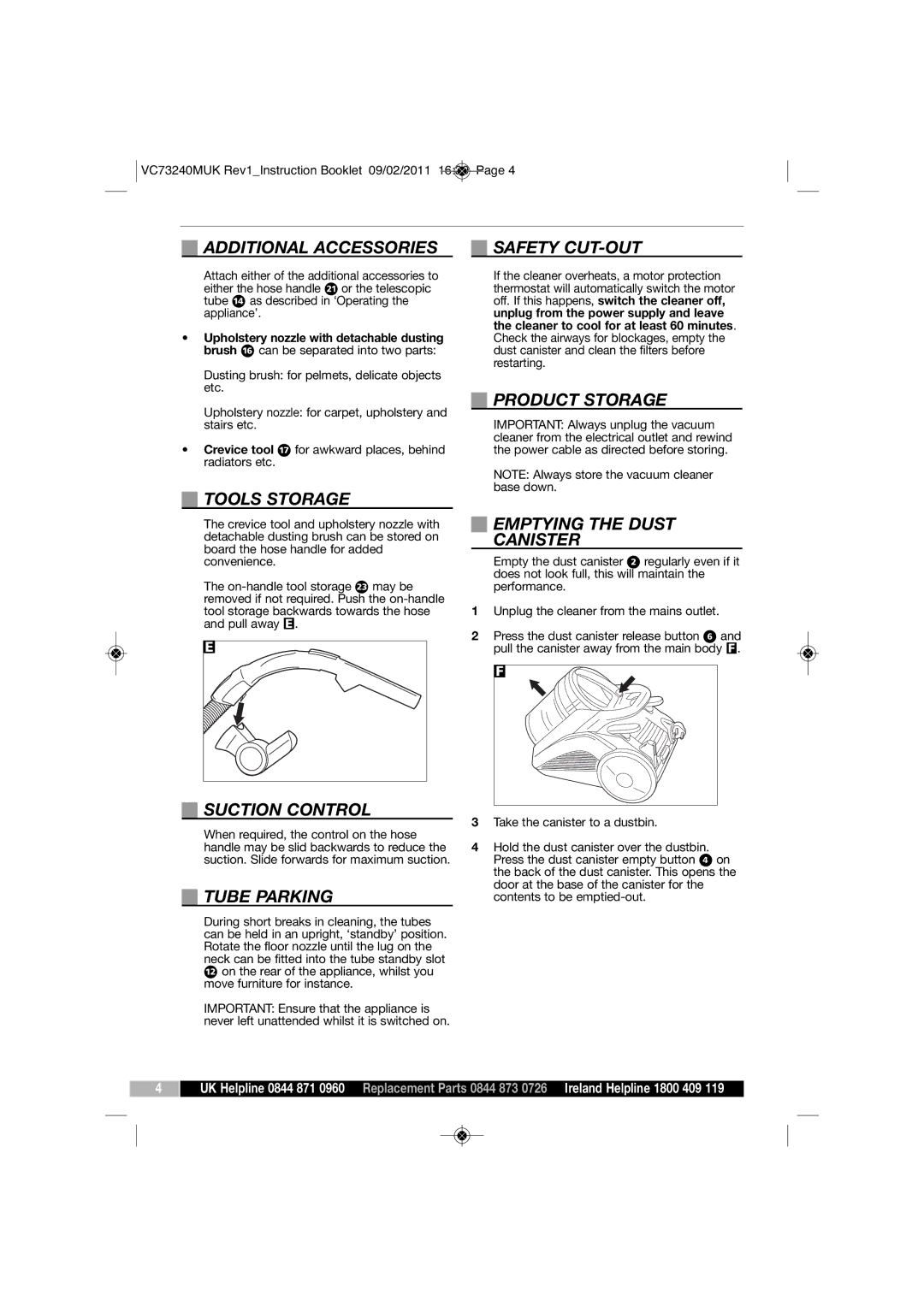 Morphy Richards VC73240 manual Additional Accessories, Tools Storage, Suction Control, Tube Parking, Safety CUT-OUT 