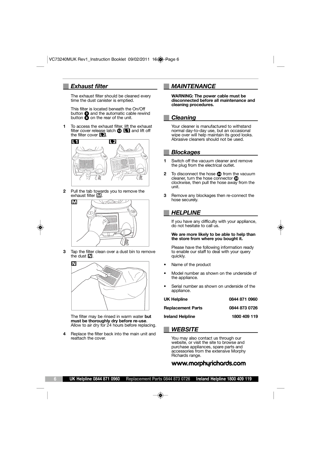 Morphy Richards VC73240 manual Maintenance, Helpline, Website 