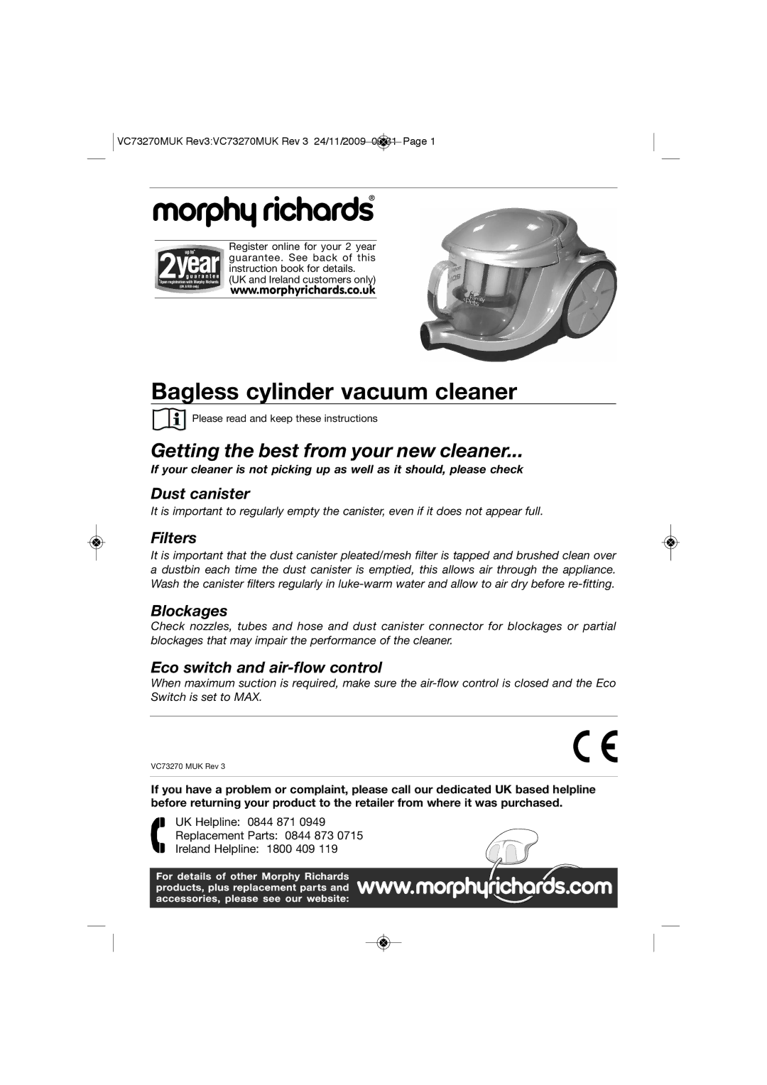 Morphy Richards VC73270 manual Bagless cylinder vacuum cleaner 