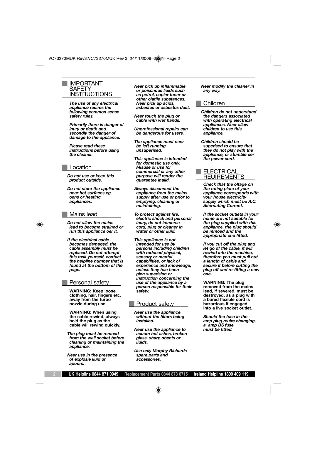 Morphy Richards VC73270 manual Safety Instructions, Electrical Requirements 