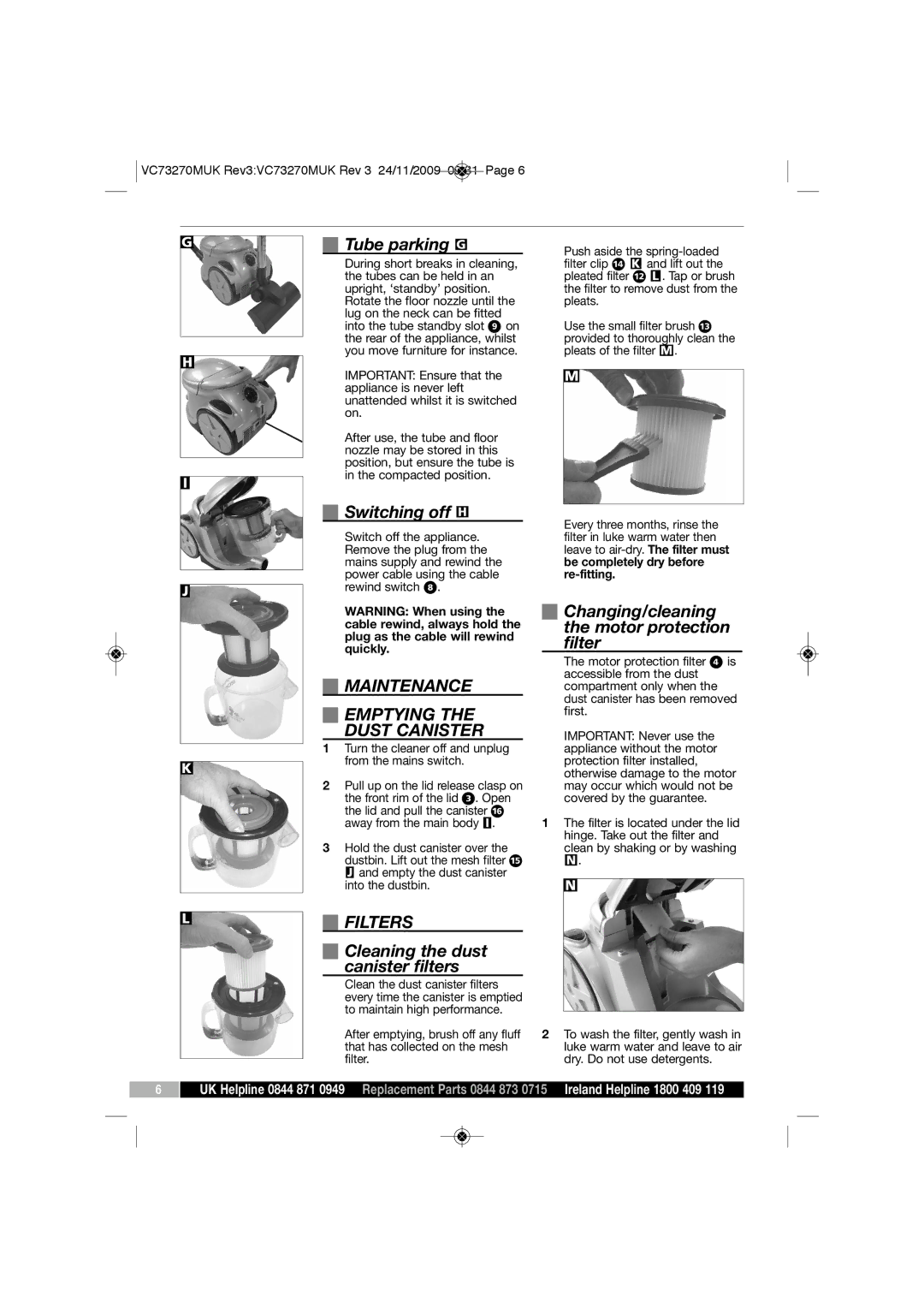 Morphy Richards VC73270 manual Maintenance Emptying Dust Canister, Filters 