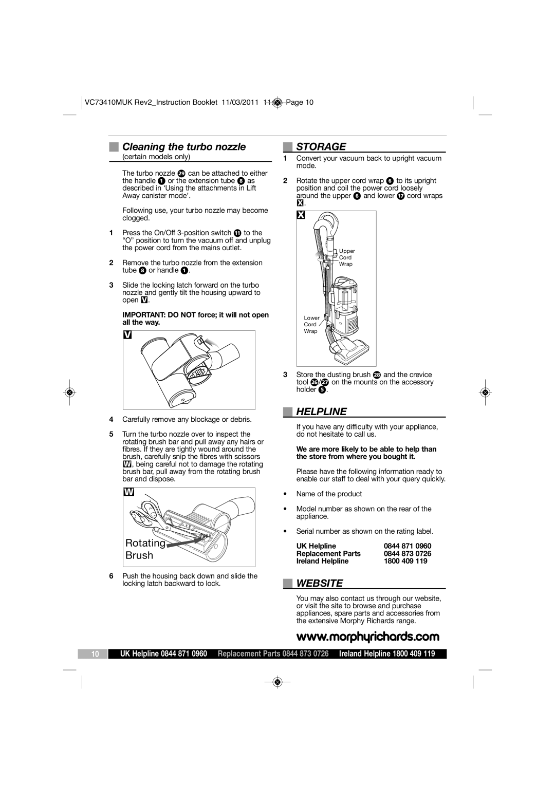 Morphy Richards VC7341DMUK manual Cleaning the turbo nozzle, Storage, Helpline, Website 