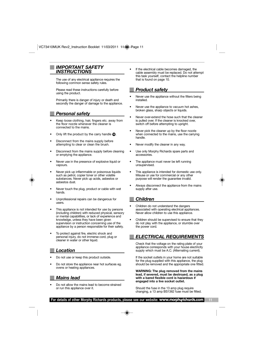 Morphy Richards VC7341DMUK manual Important Safety Instructions, Electrical Requirements 