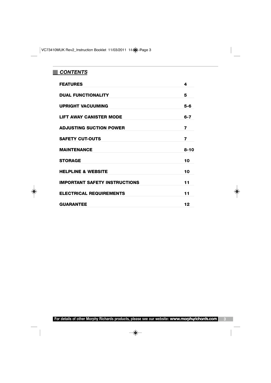 Morphy Richards VC7341DMUK manual Contents 