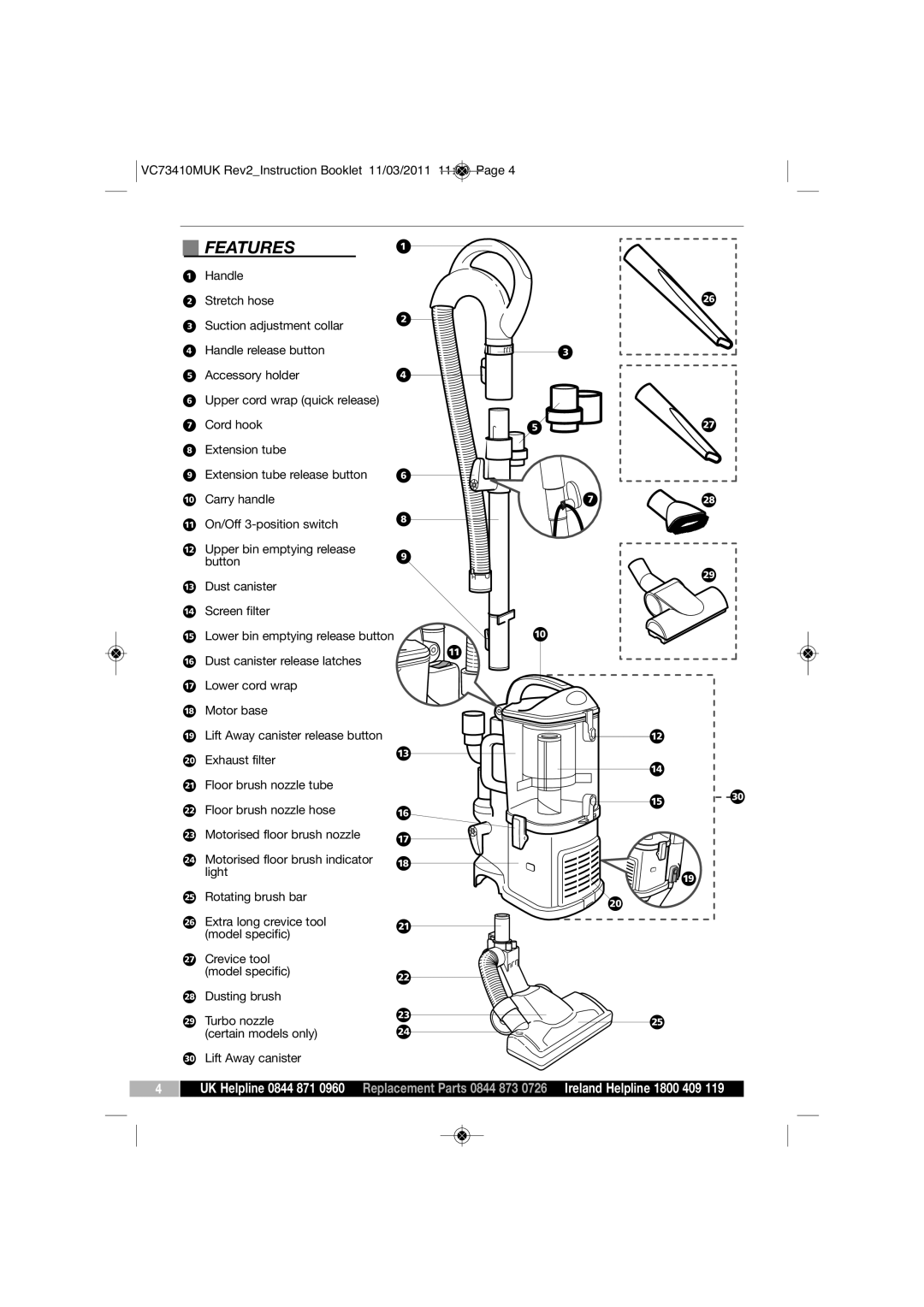 Morphy Richards VC7341DMUK manual Features ⁄,  Ú Ò 