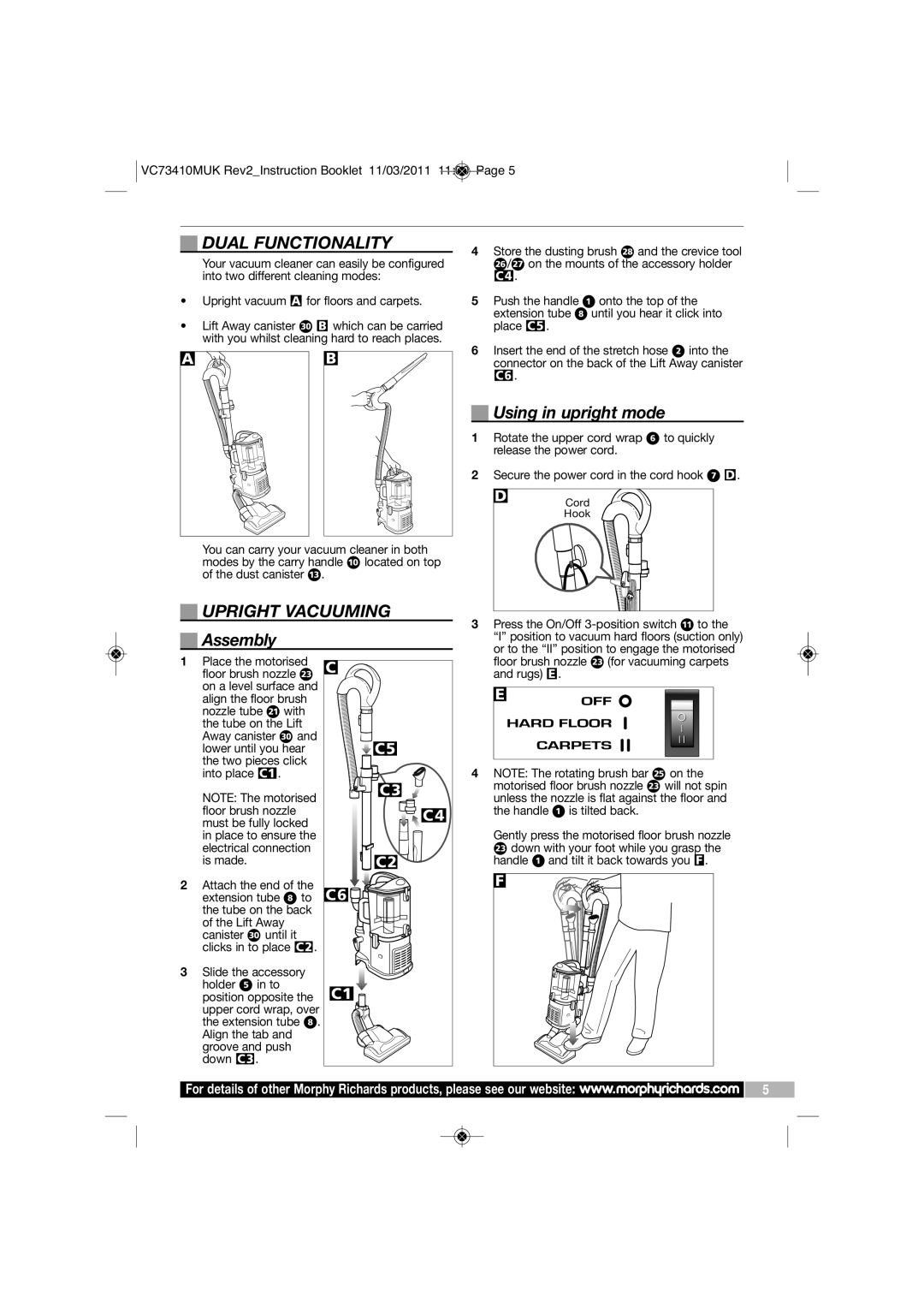 Morphy Richards VC7341DMUK manual Dual Functionality, Upright Vacuuming, Assembly, Using in upright mode 