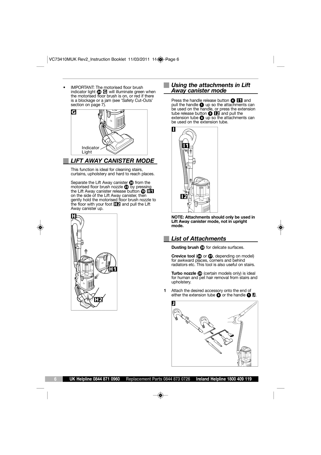 Morphy Richards VC7341DMUK Lift Away Canister Mode, Using the attachments in Lift Away canister mode, List of Attachments 