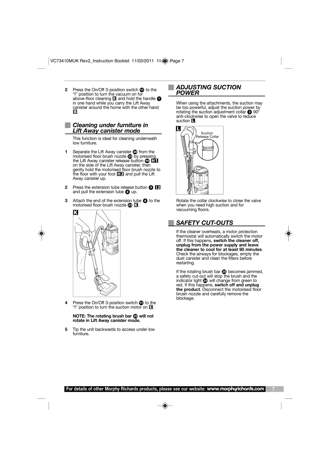 Morphy Richards VC7341DMUK Adjusting Suction Power, Safety CUT-OUTS, Tip the unit backwards to access under low furniture 