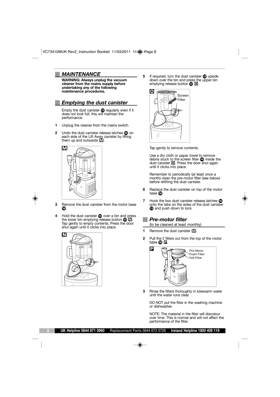 Morphy Richards VC7341DMUK manual Maintenance, Emptying the dust canister, Pre-motor filter 