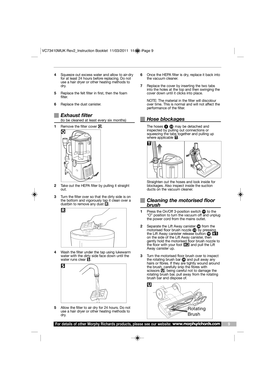 Morphy Richards VC7341DMUK Exhaust filter, Hose blockages, Cleaning the motorised floor brush, Performance of the filter 