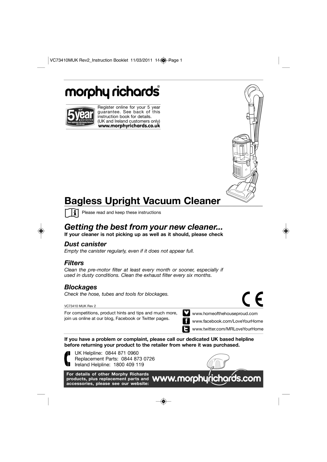 Morphy Richards VC7341DMUK manual Bagless Upright Vacuum Cleaner, Getting the best from your new cleaner, Dust canister 