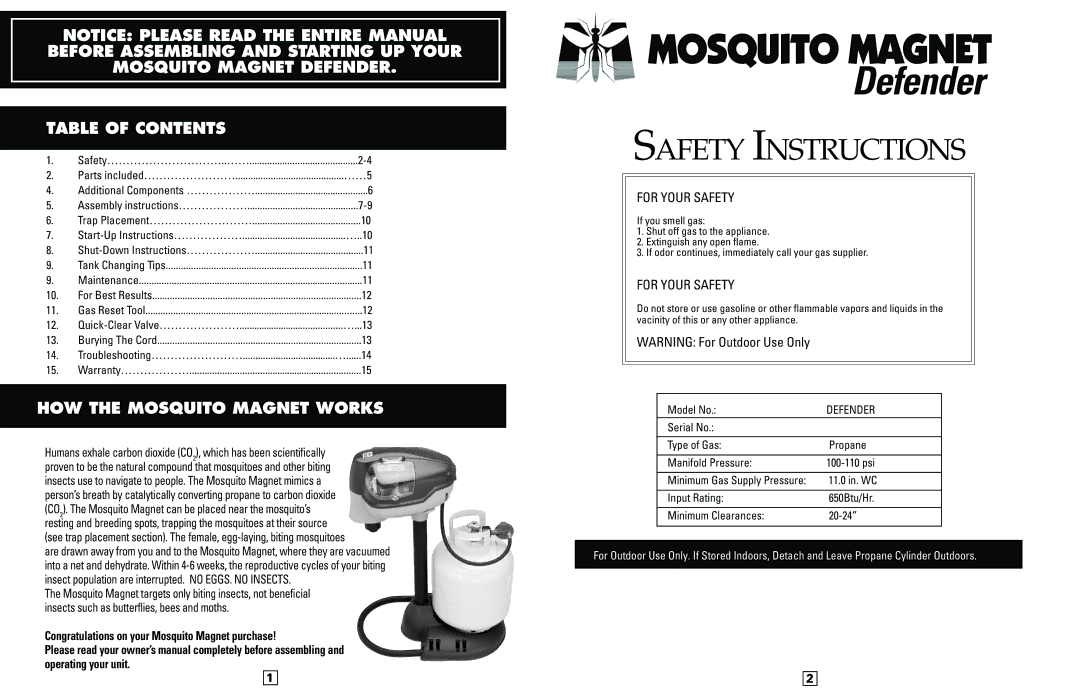 Mosquito Magnet Defender manual Table of Contents, HOW the Mosquito Magnet Works 