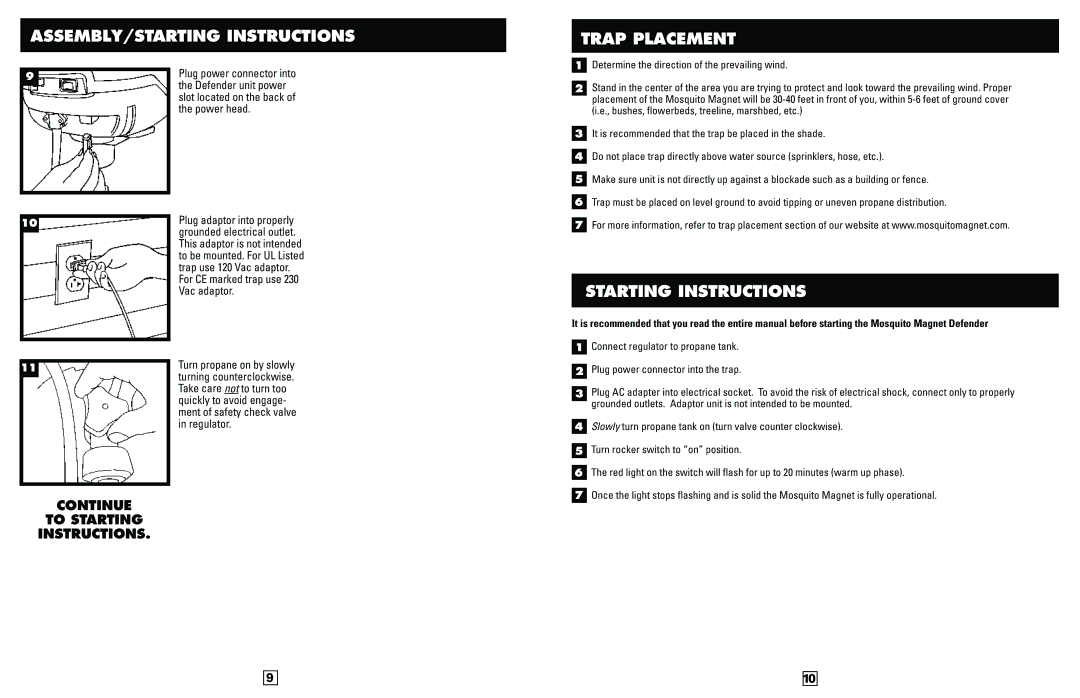 Mosquito Magnet Defender manual ASSEMBLY/STARTING Instructions, Trap Placement, Starting Instructions 