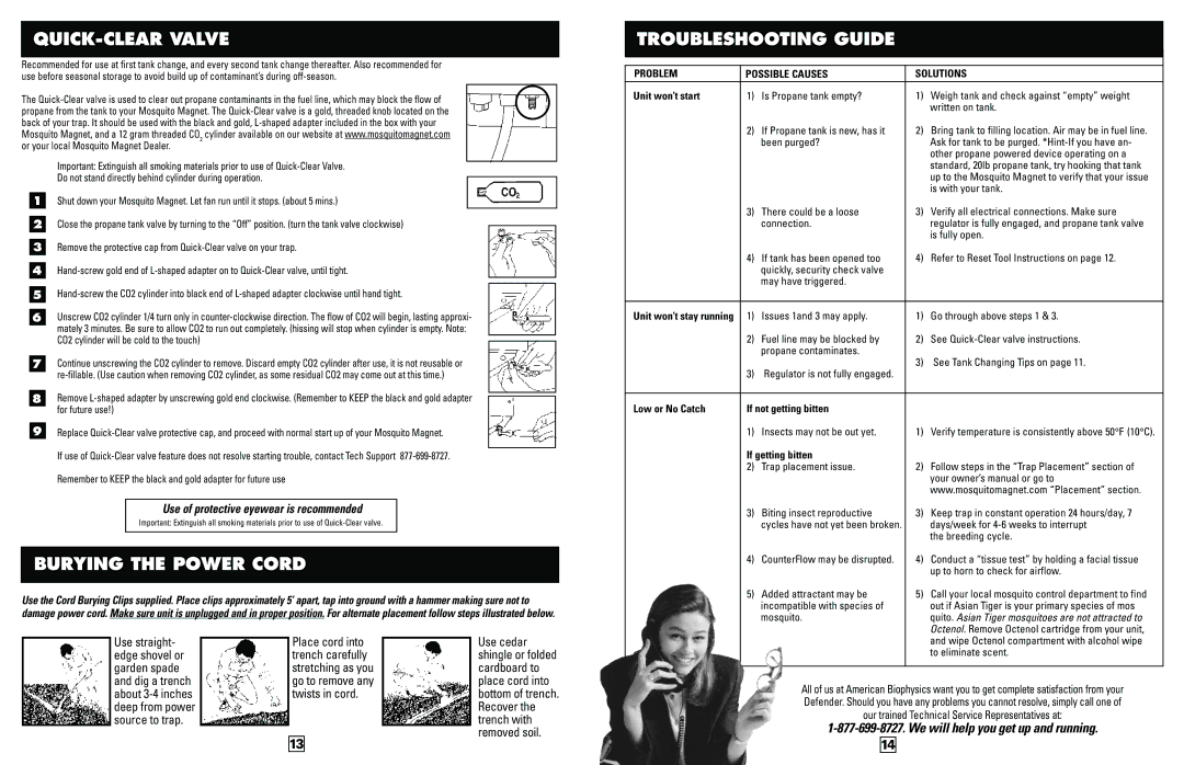 Mosquito Magnet Defender manual QUICK-CLEAR Valve, Burying the Power Cord, Troubleshooting Guide 