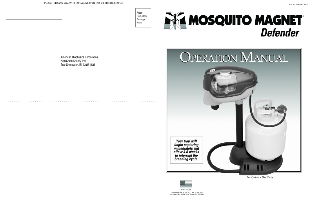 Mosquito Magnet Defender manual Mosquito Magnet, Operation Manual, Your trap will, Place First-Class Postage Here 