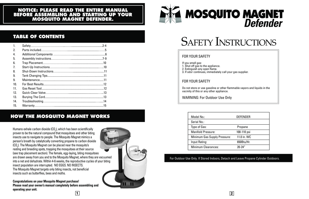 Mosquito Magnet Defender manual Table Of Contents, How The Mosquito Magnet Works, Safety Instructions, For Your Safety 
