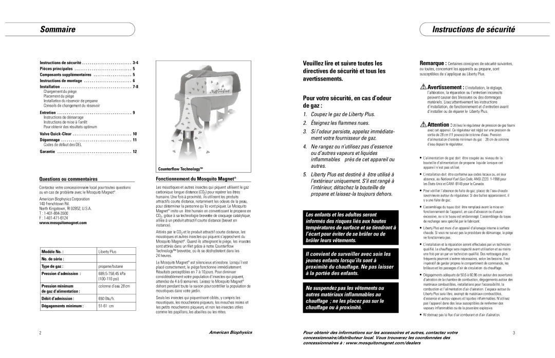 Mosquito Magnet LIBERTY PLUS Sommaire Instructions de sécurité, Questions ou commentaires, Codes de défaut des DEL, Heures 